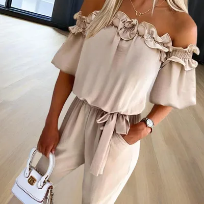 Women's Solid Color Elegant Off Shoulder Jumpsuit With Ruffle Sleeves & Tie Waist Summer Casual Romper Beige - Shop at LoveMi