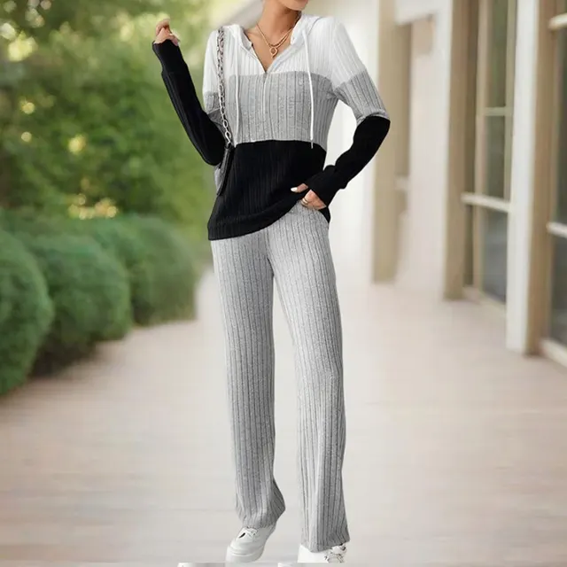 Women's Contracted Design Color Block Hooded Sweatsuit Set Long Sleeve Zip Up Hoodie With Wide Leg Lounge Pants White Gray - Shop at LoveMi