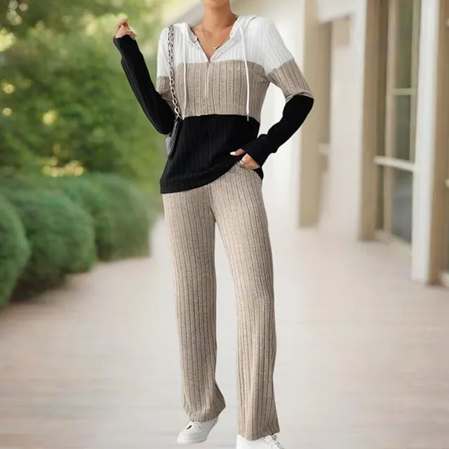 Women's Contracted Design Color Block Hooded Sweatsuit Set Long Sleeve Zip Up Hoodie With Wide Leg Lounge Pants White Khaki - Shop at LoveMi