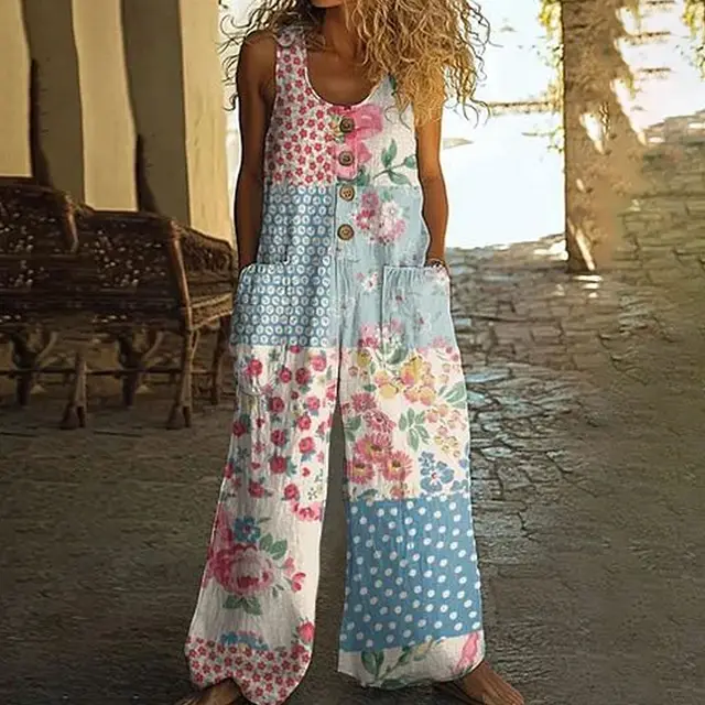Women's Vintage Floral Jumpsuit Sleeveless Button Front Romper With Pockets, Casual Loose Fit Long Pants Jumper Pattern5 - Shop at LoveMi