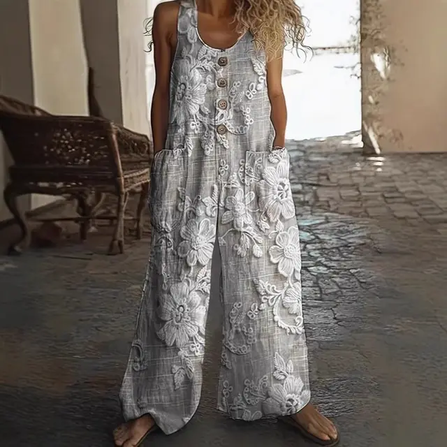 Women's Vintage Floral Jumpsuit Sleeveless Button Front Romper With Pockets, Casual Loose Fit Long Pants Jumper Pattern6 - Shop at LoveMi