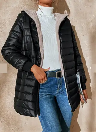 Aveloria Modichic Casual Versatile Solid Color Fleece Hooded Padded Padded Coat - Black