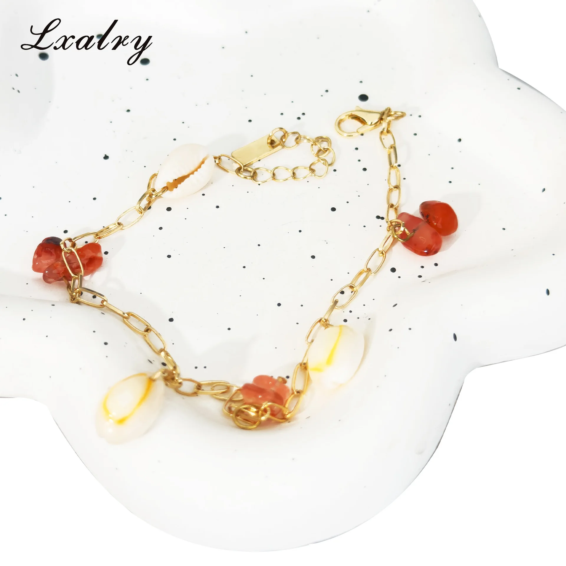 Lxalry 18K Gold Plated Shell & Red Energy Stone Anklet -Summer Beach Style Waterproof Foot Chain For Women -Hypoallergenic, Fade-Resistant, Boho Je...