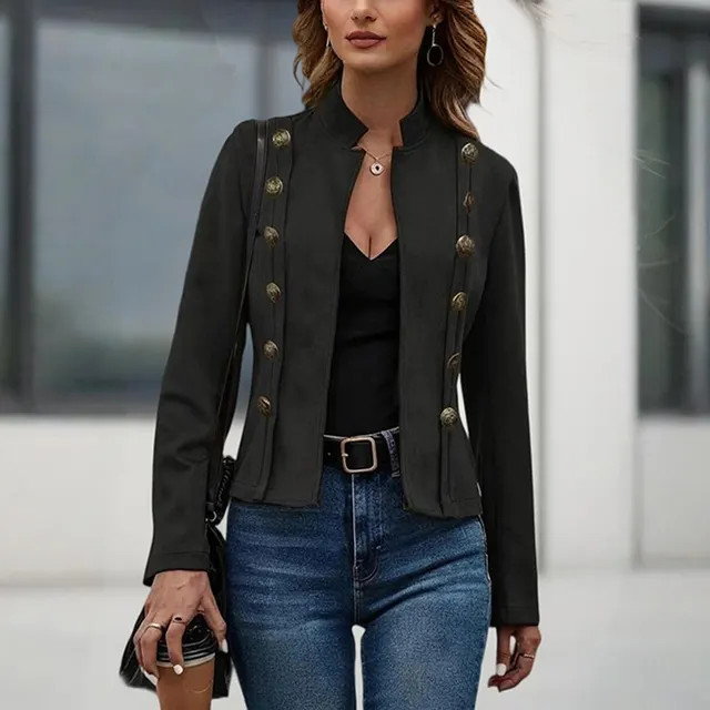 Women's Stand Collar Double Breasted Jacket Solid Color Long Sleeve Streetwear Coat Lightweight Spring&Fall Fashion Black - Shop at LoveMi