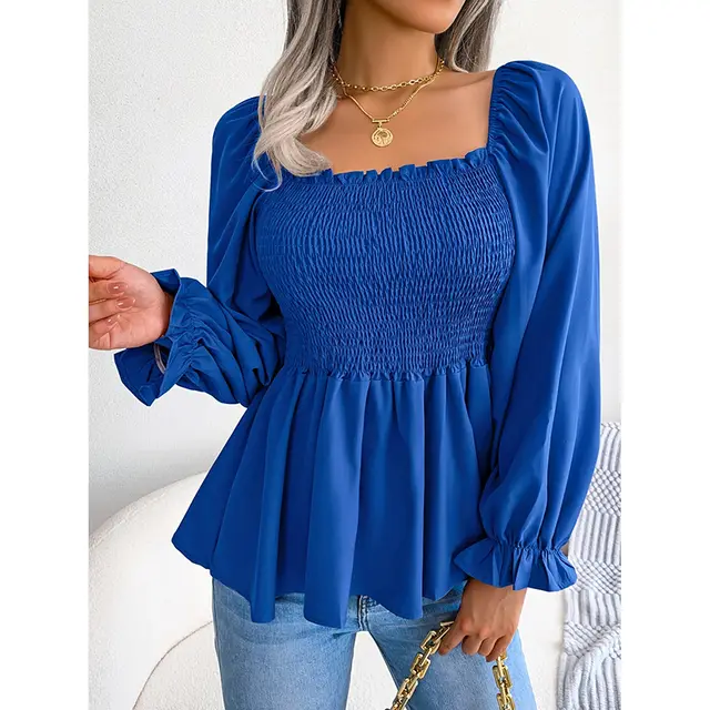 Women's Peplum Tops Square Neck Ruffle Trim Long Sleeve Blouse Smocked Top Dressy Casual Shirts Blue - Shop at LoveMi