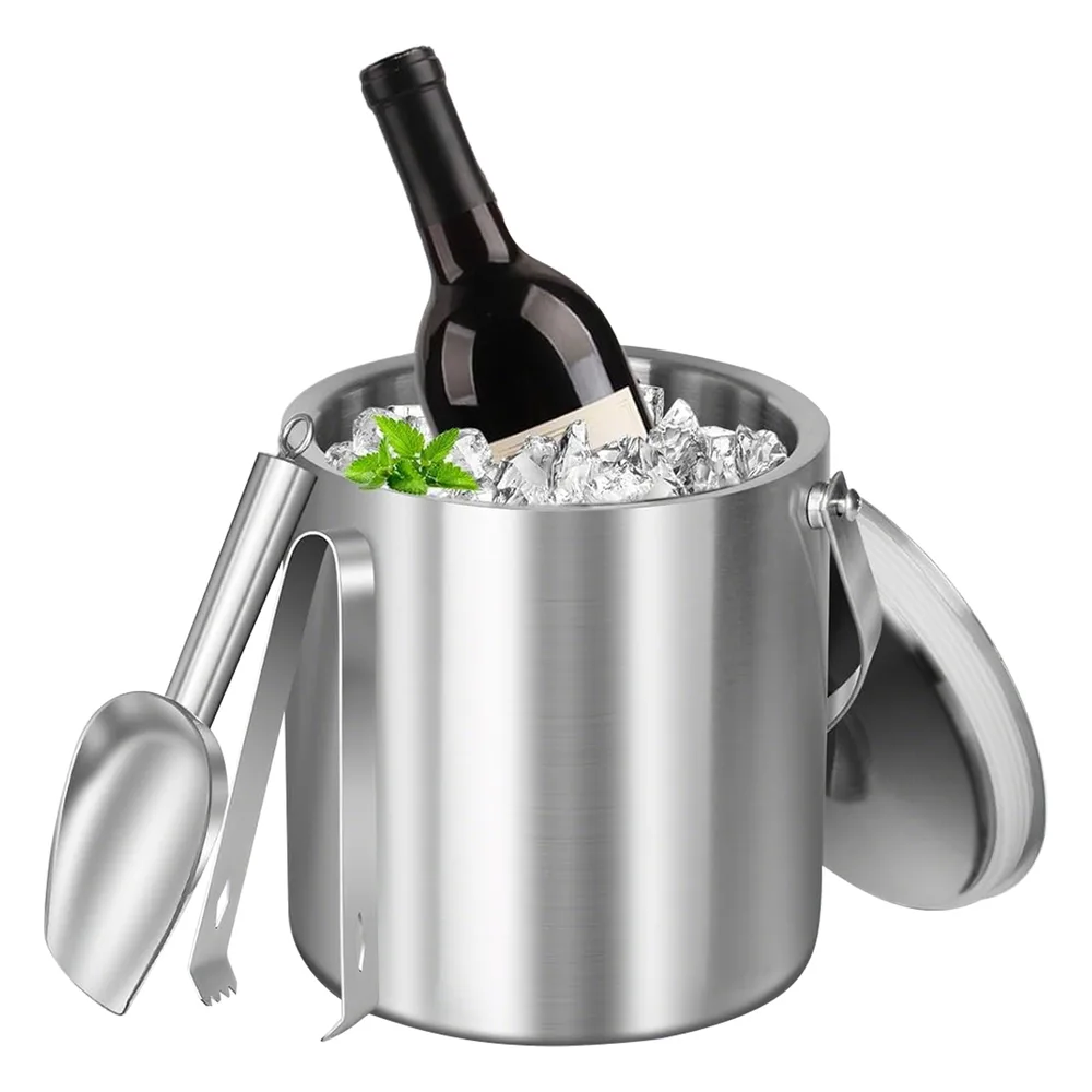 Double Wall Stainless Steel Insulated Ice Bucket 3L Ice Holder Ice Container With Lid Scoop Strainer Handle For Wine Champagne Beer Parties Cocktai... - View 1