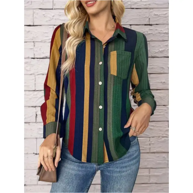 Womens Contrast Color Button Down Collared Shirt Casual Long Sleeve Business Office Work Blouses Tops Multicolor - Shop at LoveMi