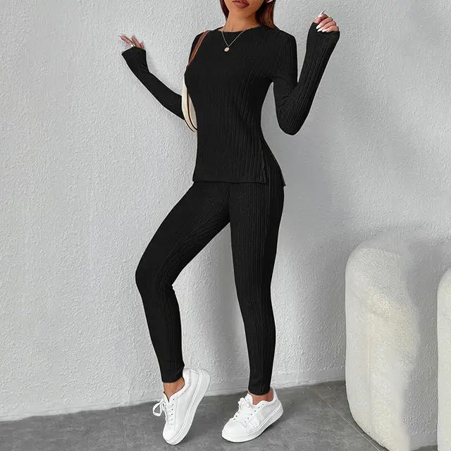 Lounge Sets For Women Casual Pajamas Fall Fashion Outfits Long Sleeve Ribbed Knit Sweatsuits Black - Shop at LoveMi