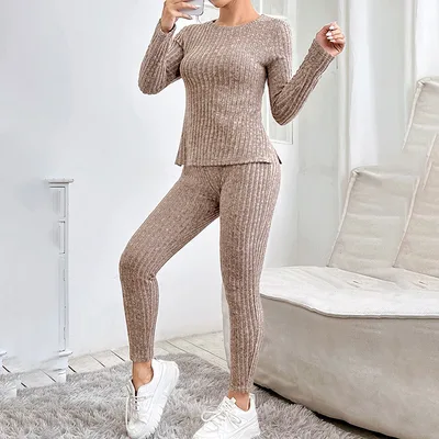 Lounge Sets For Women Casual Pajamas Fall Fashion Outfits Long Sleeve Ribbed Knit Sweatsuits Brown - Shop at LoveMi