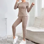 Lounge Sets For Women Casual Pajamas Fall Fashion Outfits Long Sleeve Ribbed Knit Sweatsuits - Brown