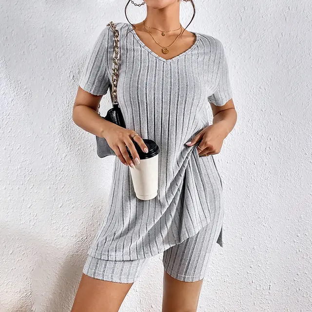 Womens Lounge Sets Summer Ribbed Knit V Neck Short Sleeve Tee And Shorts Sets Gray - Shop at LoveMi