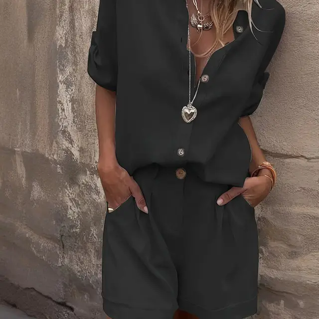 Women's Solid Color Lapel Short Sleeve Shorts Set Button Up Casual Two Piece Outfit With Pocketed Shorts Summer Minimalist Outfit Black - Shop at LoveMi