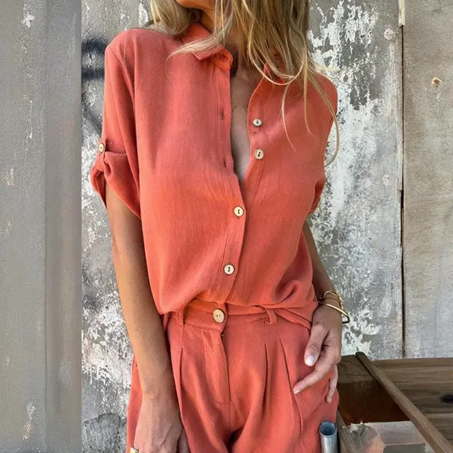 Women's Solid Color Lapel Short Sleeve Shorts Set Button Up Casual Two Piece Outfit With Pocketed Shorts Summer Minimalist Outfit Orange - Shop at LoveMi