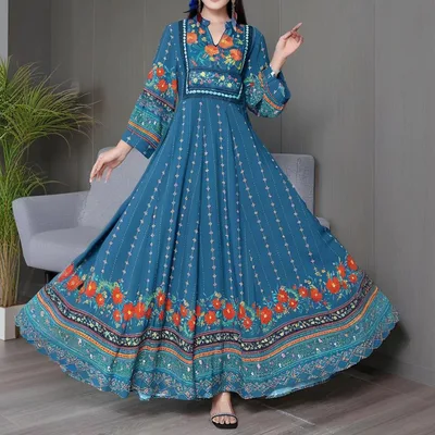 Women's Ethnic Style V Neck Long Sleeve Dress Embroidered Floral Pattern A Line Maxi Dress With Printed Hem Middle Eastern Inspired Fashion Blue - Shop at LoveMi