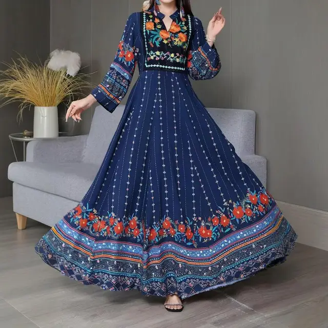Women's Ethnic Style V Neck Long Sleeve Dress Embroidered Floral Pattern A Line Maxi Dress With Printed Hem Middle Eastern Inspired Fashion Dar... Dark Blue - Shop at LoveMi