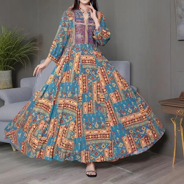 Women's Middle Eastern Style Long Sleeve Dress Geometric Print V Neck Embroidered Maxi Dress Boho Vacation Dress Blue - Shop at LoveMi