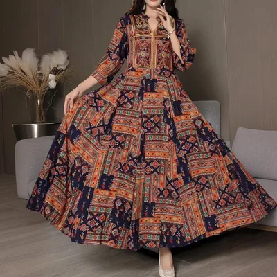 Women's Middle Eastern Style Long Sleeve Dress Geometric Print V Neck Embroidered Maxi Dress Boho Vacation Dress Brown - Shop at LoveMi