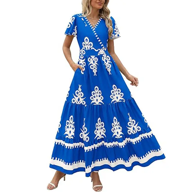 Womens Summer Casual V Neck Boho Maxi Dress Flowy Aline Bell Sleeve Tiered Floral Dresses With Pocket Blue - Shop at LoveMi