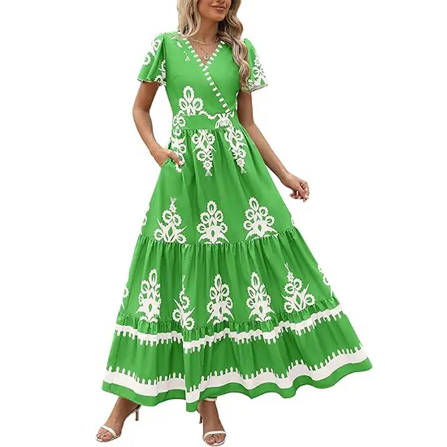 Womens Summer Casual V Neck Boho Maxi Dress Flowy Aline Bell Sleeve Tiered Floral Dresses With Pocket Green - Shop at LoveMi