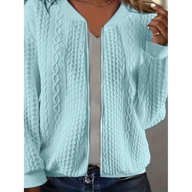 Bomber Jackets For Women Cute Jacquard Coats Lightweight Zip Up Jackets Dressy Casual Light Blue - Shop at LoveMi