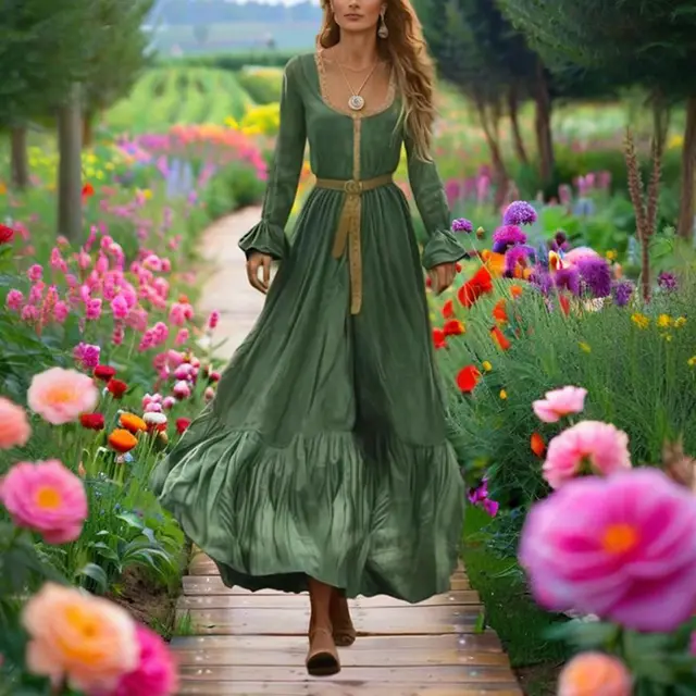 Women's Square Neck Long Sleeve Dress Green Bohemian Maxi Dress Back Vent With Ruffle Hem & Sleeve Dark Green - Shop at LoveMi