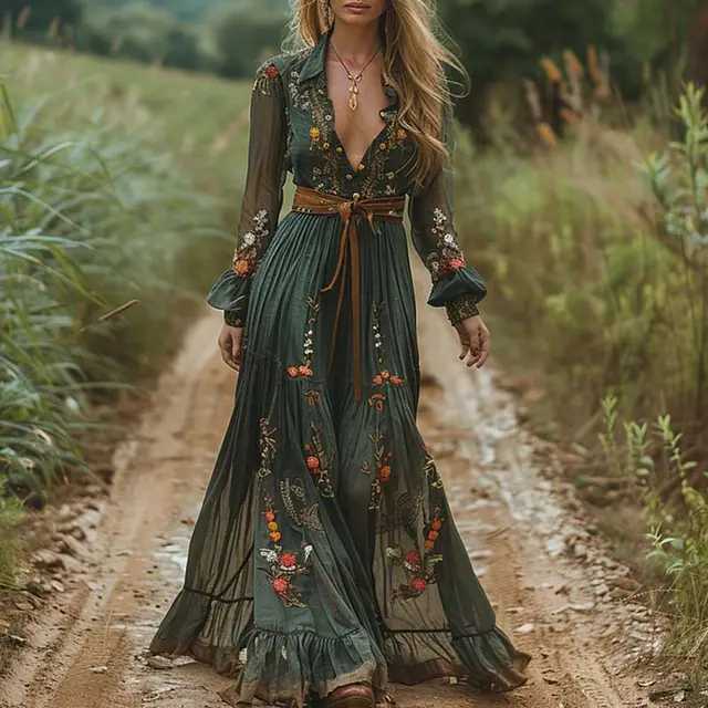 Fashion Fall Maxi Dress For Women Bohemian Retro Floral Print Sheer Sleeve Long Flowy Shirt Dress, Belt Not Included Green - Shop at LoveMi