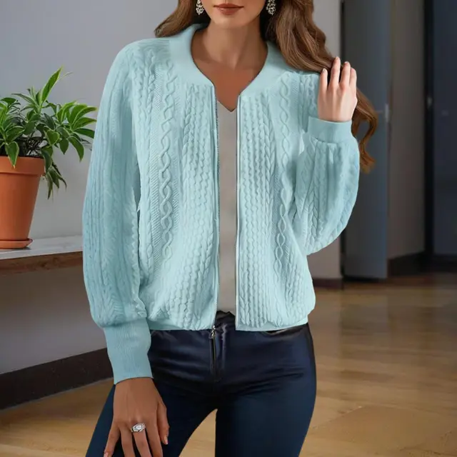 Women's Solid Color Jacquard Short Sleeve Casual Jacket Baseball Collar With Zipper Spring & Fall Lightweight Outerwear Light Blue - Shop at LoveMi