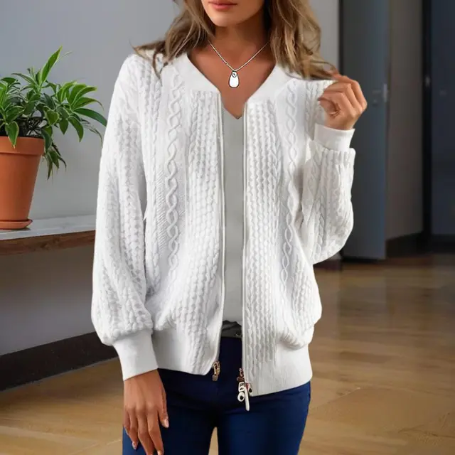 Women's Solid Color Jacquard Short Sleeve Casual Jacket Baseball Collar With Zipper Spring & Fall Lightweight Outerwear White - Shop at LoveMi