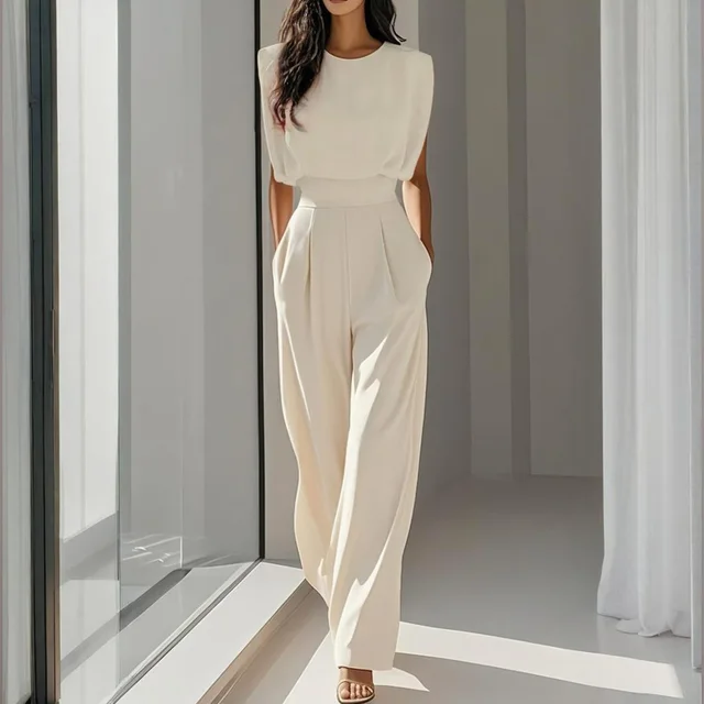 Women's Solid Color Round Neck Short Sleeve Wide Leg Jumpsuit With Waist Design & Pockets Casual Romper For Spring&Summer Apricot - Shop at LoveMi