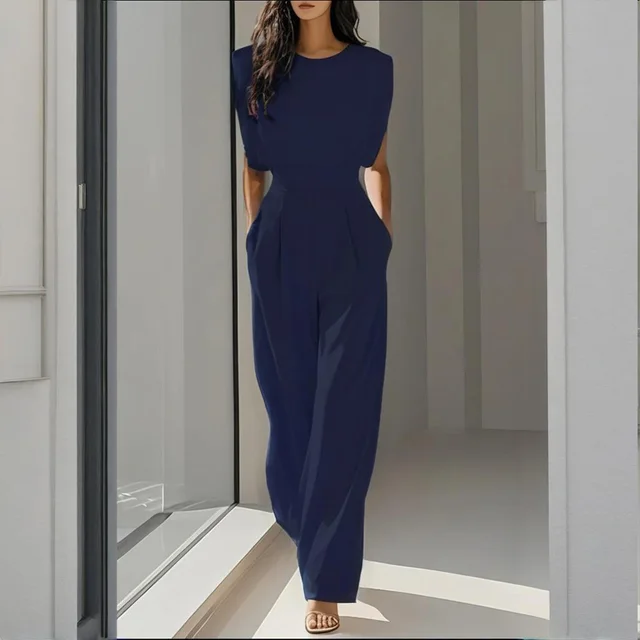 Women's Solid Color Round Neck Short Sleeve Wide Leg Jumpsuit With Waist Design & Pockets Casual Romper For Spring&Summer Navy Blue - Shop at LoveMi