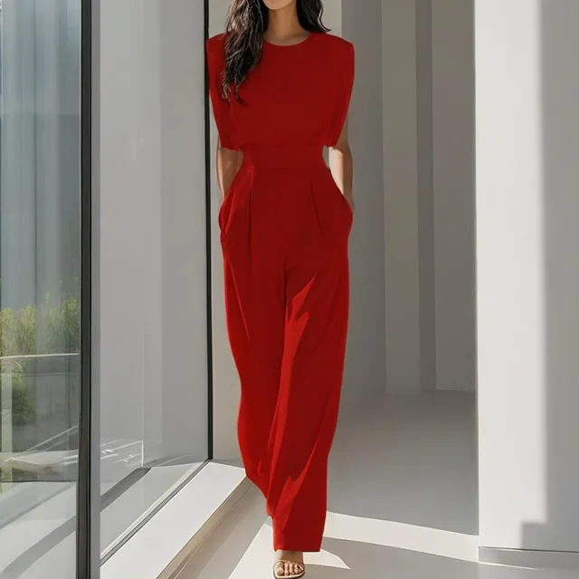 Women's Solid Color Round Neck Short Sleeve Wide Leg Jumpsuit With Waist Design & Pockets Casual Romper For Spring&Summer Red - Shop at LoveMi