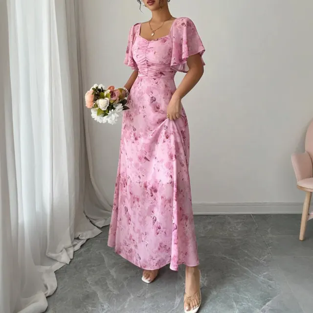 Women's Solid Color Square Neck Short Sleeve Butterfly Print Flowy Dress A Line Summer Vacation Maxi Dress Pink - Shop at LoveMi