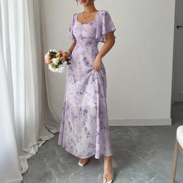 Women's Solid Color Square Neck Short Sleeve Butterfly Print Flowy Dress A Line Summer Vacation Maxi Dress Purple - Shop at LoveMi