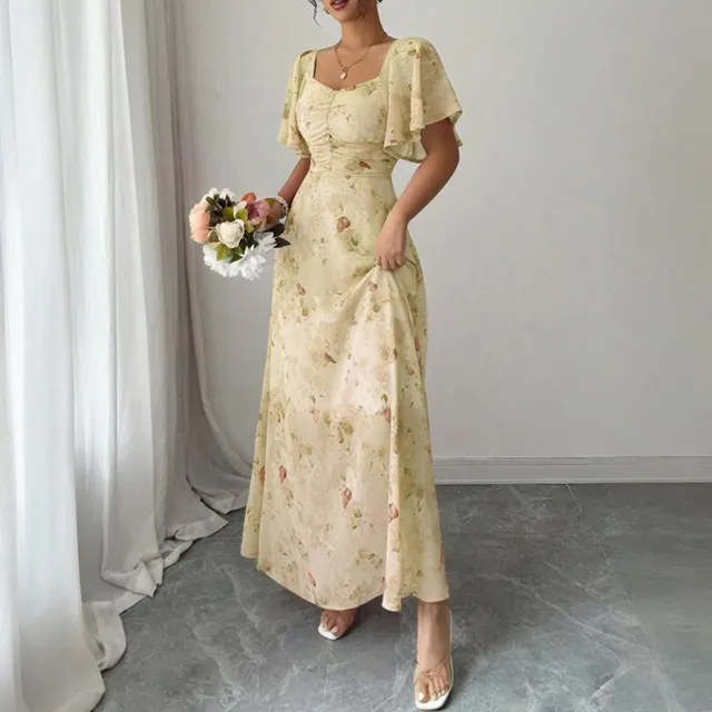 Women's Solid Color Square Neck Short Sleeve Butterfly Print Flowy Dress A Line Summer Vacation Maxi Dress Yellow - Shop at LoveMi