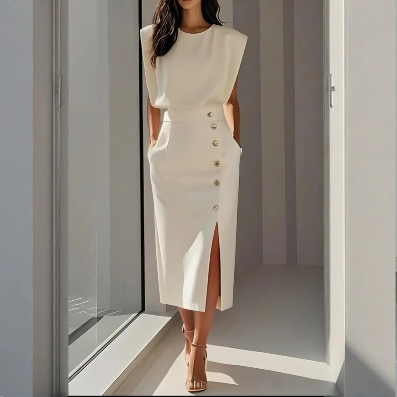 Women's Solid Color Round Neck Short Sleeve Dress With Side Slit, Button & Pockets - A-Line Cinched Waist Summer Casual Office Wear - White