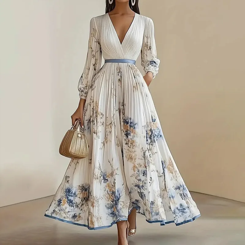 Women's Floral Print V-Neck Long Sleeve Maxi Dress A-Line Flowy Ruffled For Spring&Summer Vacation & Evening Party - White