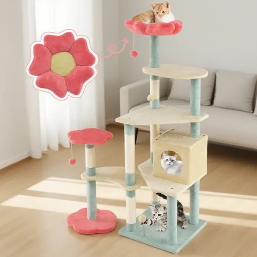 61 Inch Multi Level Aesthetic Floral Kitten Tower With Flower Shaped Padded Perch Multicolor - Shop at LoveMi