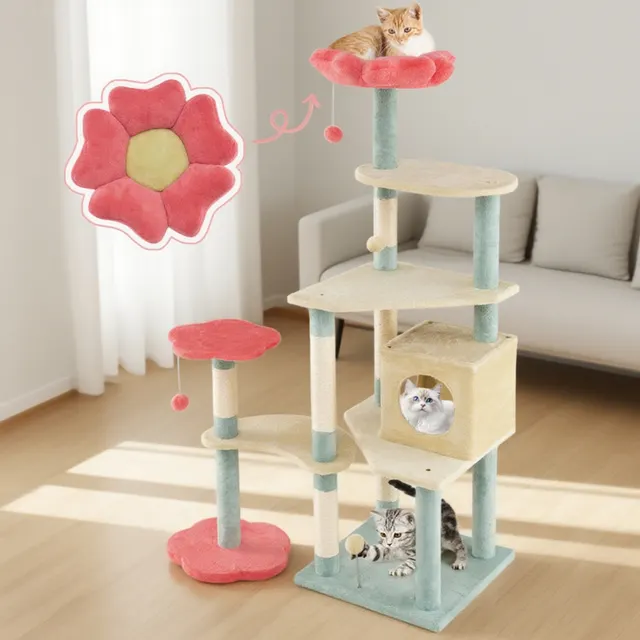 61 Inch Multi Level Aesthetic Floral Kitten Tower With Flower Shaped Padded Perch Multicolor - Shop at LoveMi