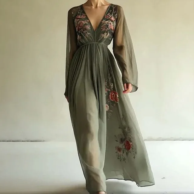 Women's Elegant V Neck Green Floral Print A Line Maxi Semi Sheer Long Sleeve Spring&Summer Dress Green - Shop at LoveMi