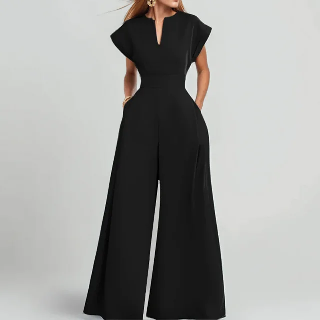 Women's V Neck Solid Color Short Sleeve Jumpsuit Wide Leg A Line Waist Tied Casual Summer Outfit Black - Shop at LoveMi