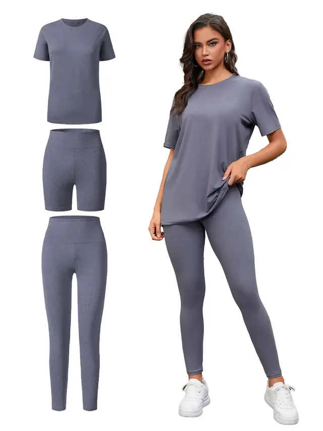 Three Piece Set, Round Neck Short Sleeved Top And Shorts And Pants Set, Sports And Casual Clothing Charcoal Grey - Shop at LoveMi