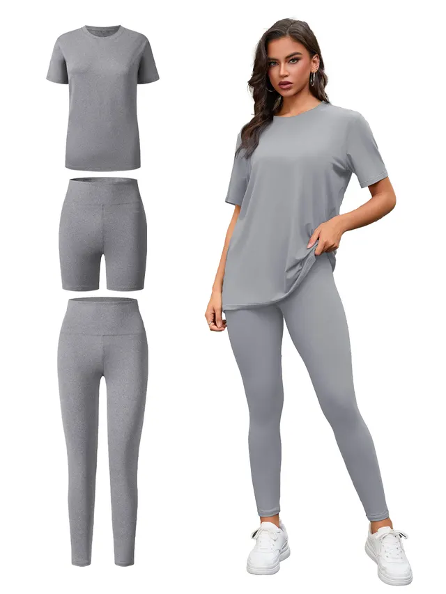 Three Piece Set, Round Neck Short Sleeved Top And Shorts And Pants Set, Sports And Casual Clothing Heather Grey - Shop at LoveMi