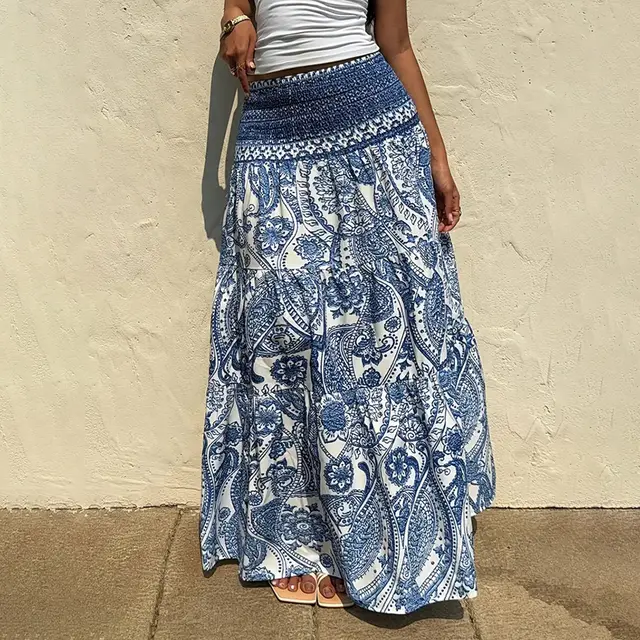 Women's Boho Floral Print Maxi Skirt Elastic Waist A Line Long Skirt For Spring&Summer Casual Beach Skirt Blue - Shop at LoveMi