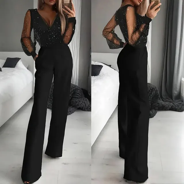 Women's Sexy Solid Color Deep V Neck Tulle & Sequin Straight Leg Jumpsuit With Pockets For Spring&Summer Wear Black - Shop at LoveMi