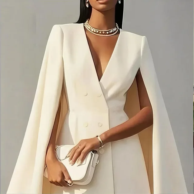 Women's Elegant Solid Color V Neck Double Breasted Cape Blazer Dress Spring & Summer Party Banquet Outfit Apricot - Shop at LoveMi