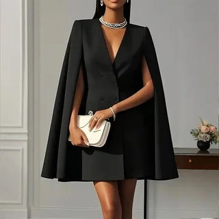 Women's Elegant Solid Color V Neck Double-Breasted Cape Blazer Dress Spring & Summer Party Banquet Outfit - Black
