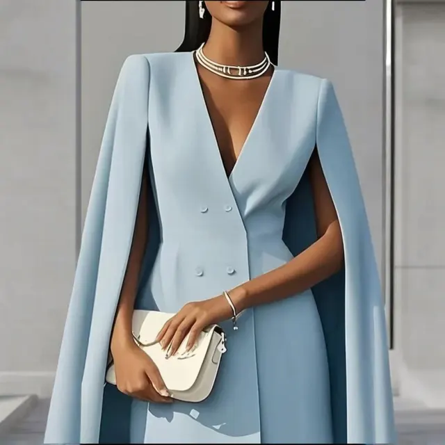 Women's Elegant Solid Color V Neck Double Breasted Cape Blazer Dress Spring & Summer Party Banquet Outfit Blue - Shop at LoveMi