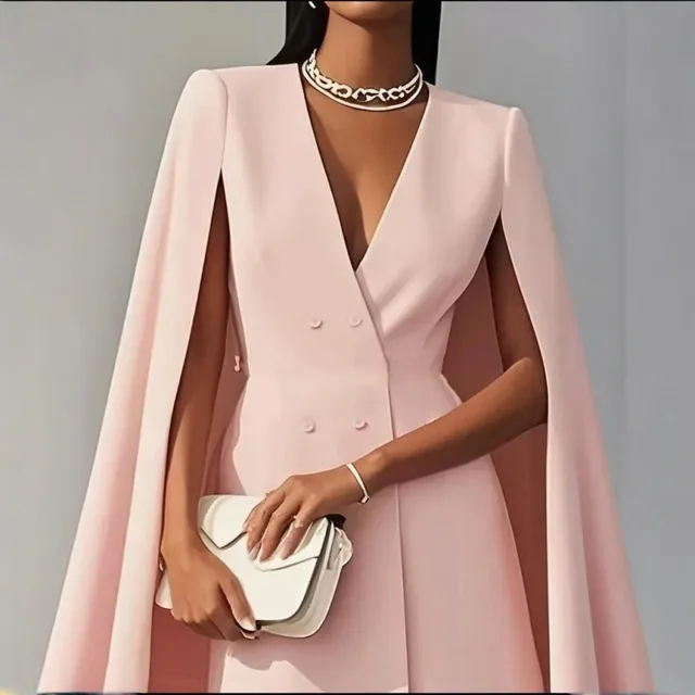 Women's Elegant Solid Color V Neck Double Breasted Cape Blazer Dress Spring & Summer Party Banquet Outfit Pink - Shop at LoveMi