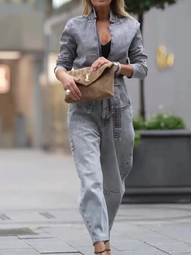 Denim Tie Long Sleeve Top & High Waist Pants Set Grey - Shop at LoveMi