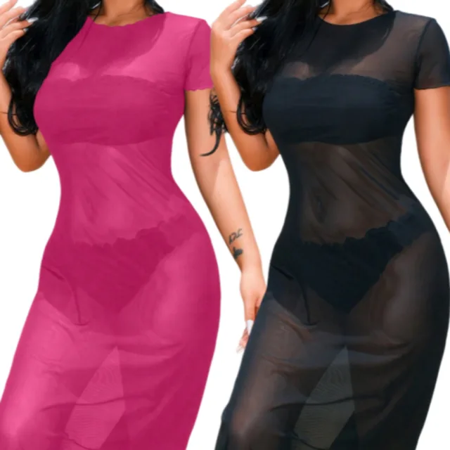 Women Solid Color Round Neck Short Sleeve Sheer Cover Up Dress Set Set1 - Shop at LoveMi